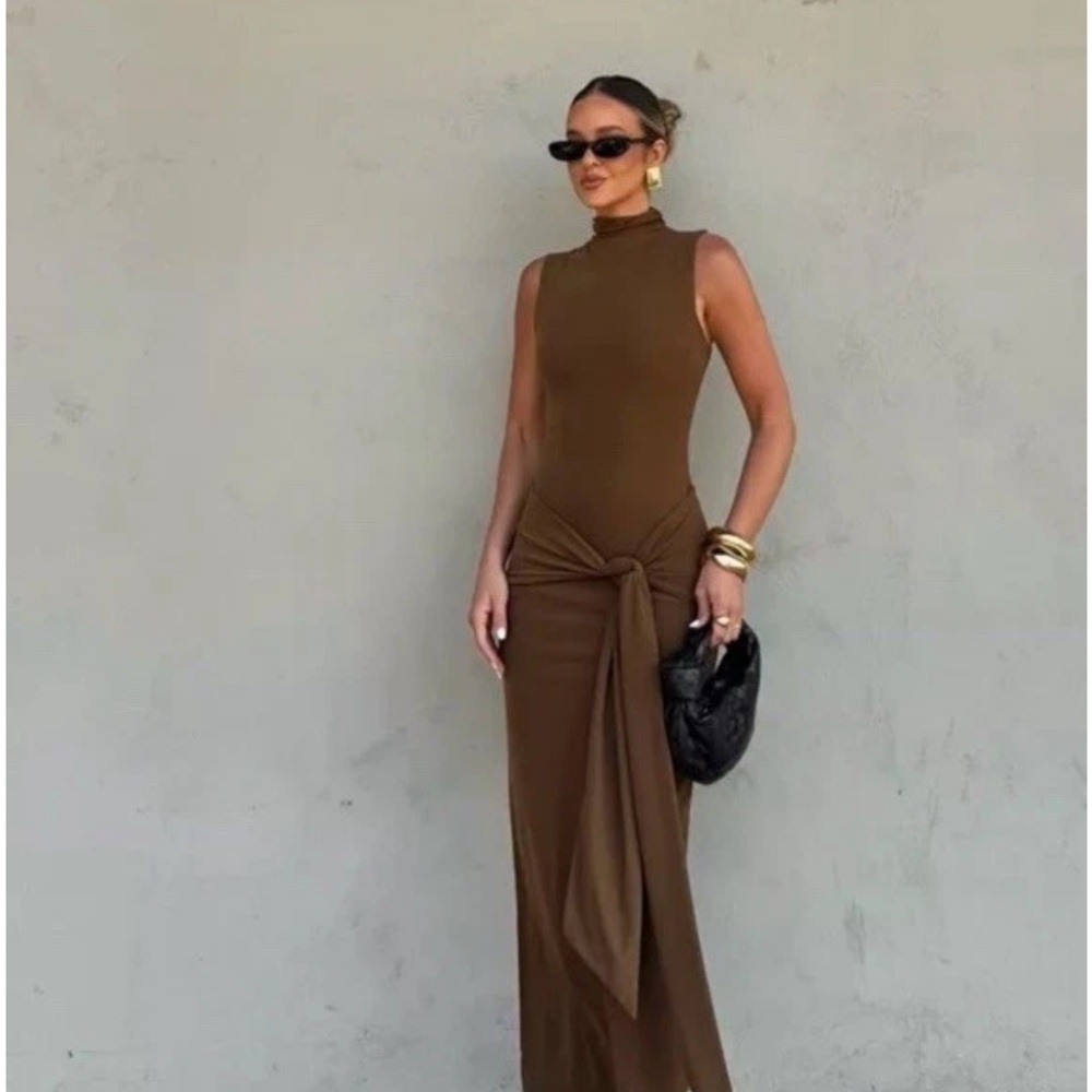 ZARA NWT WOMAN MIDI DRESS WITH TIED KNOT DARK TAN SIZE LARGE - Picture 14 of 14